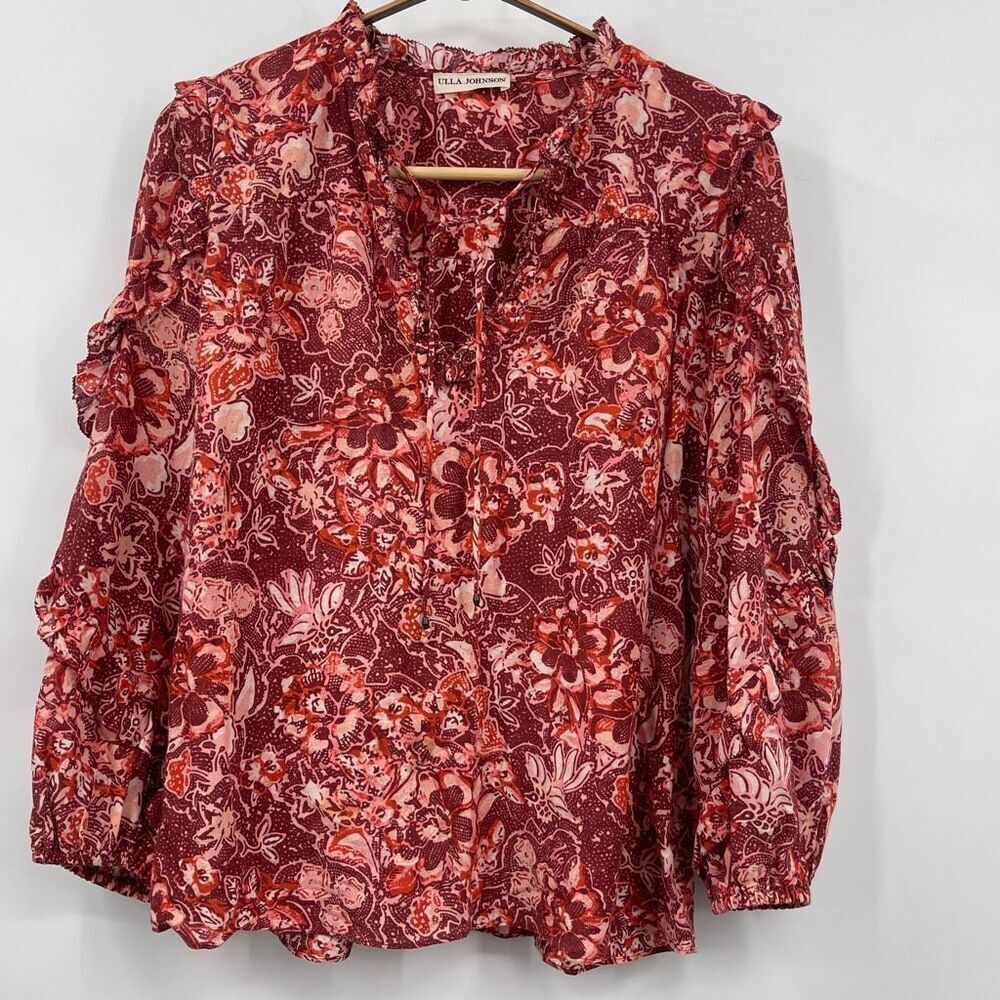 Ulla Johnson Red Pink Long Sleeve Floral Ruffle Rana Cotton Blend Blouse Size 4